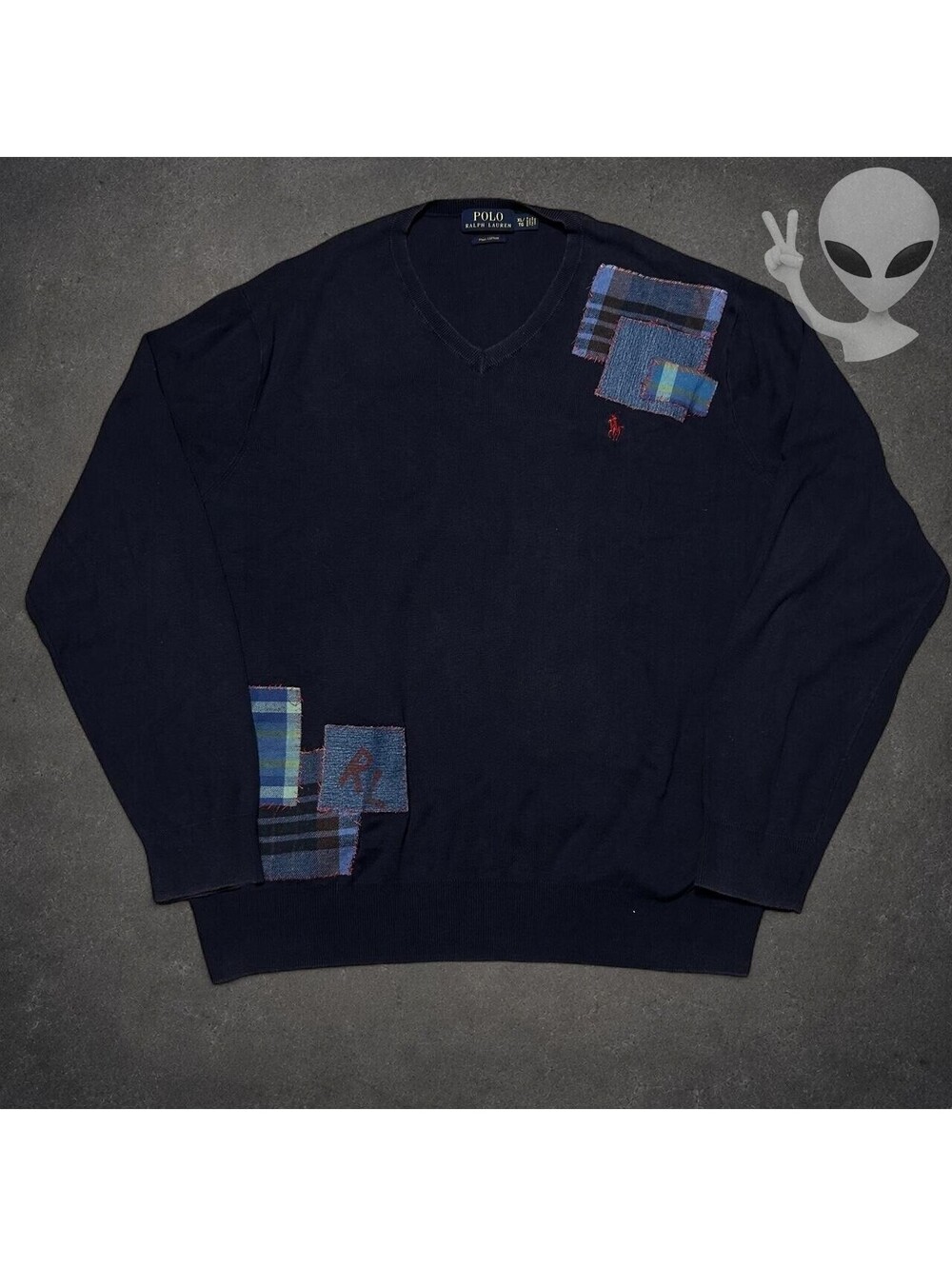 Polo Ralph Lauren Pima Cotton V-Neck Patchwork Pullover Sweater Men Size L Navy